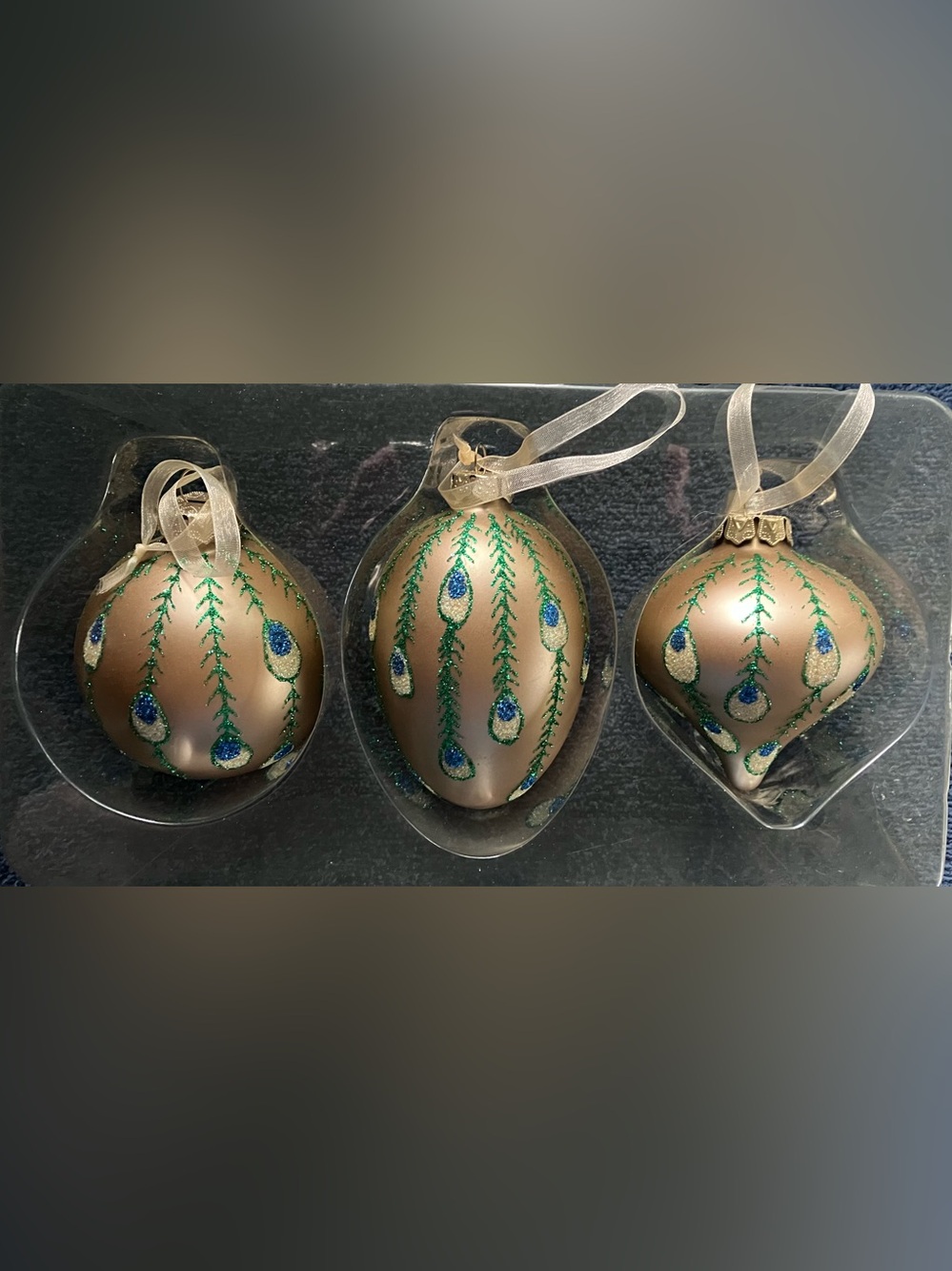 Set of 3 Unique Peacock Feather Glass Holiday Ornament - Gold Blue Green Glitter
